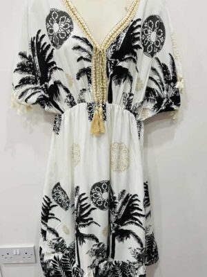 Black And White Palm Print Tassel Trim Summer Dress
