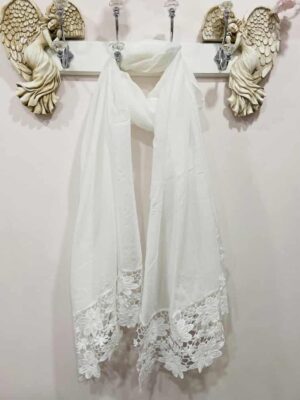 White, Cotton Mix Heavy Lace Edging With Pearl Embellishment Scarf