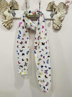 White Multi Foil Butterfly Print Cotton Mix Scarf