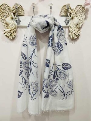 White, Blue Rose Print With Gold Glitter Edging Scarf