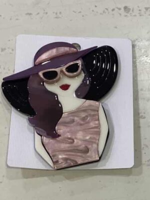 Acrylic Pink Lady With Sun Hat And Glasses Magnetic Broach