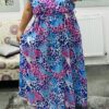 Italian Pink/Blue Cheetah Print, Frill Sleeve, Maxi Dress