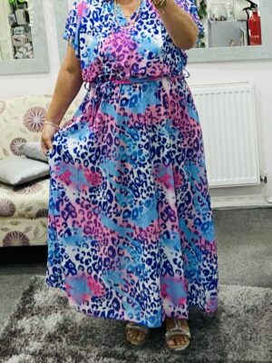 Italian Pink/Blue Cheetah Print, Frill Sleeve, Maxi Dress