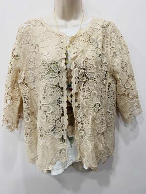 Beige Or White Floral Lace Long Sleeve Cotton Mix Shrug Short Cardigan