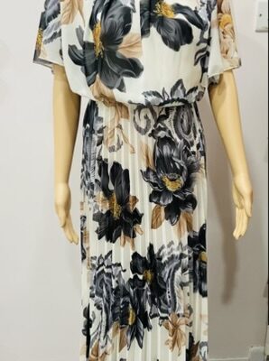Grey Or Brown Large Floral Pleated Dress With Elasticated Waist