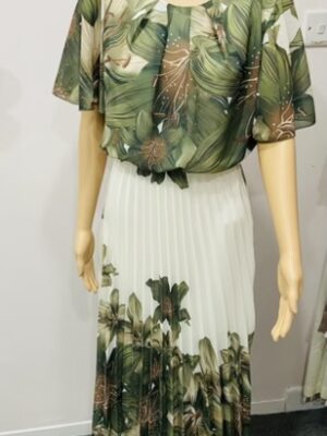 Green Floral Print Pleated Dress With Elasticated Waist