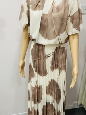Cream Beige Floral Pleated Dress With Elasticated Waist