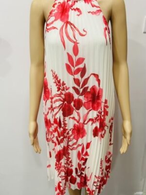 Red Or Black Floral Print Knee Length Pleated, Halter Neck Dress