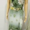 Green Or Beige Floral Print Pleated Sleeveless Long Dress With Belt