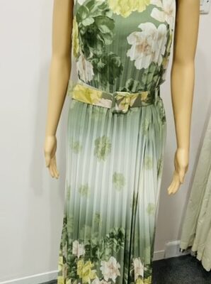 Green Or Beige Floral Print Pleated Sleeveless Long Dress With Belt