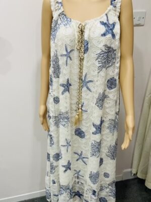 White Lace With Blue Shell Print Long Cotton Mix Dress