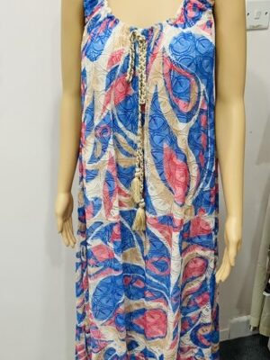 Pink And Blue Mix Swirl Print Lace Cotton Mix Long Dress
