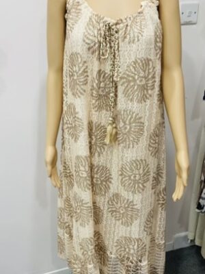 Beige Swirl Print Lace Cotton Mix Long Dress