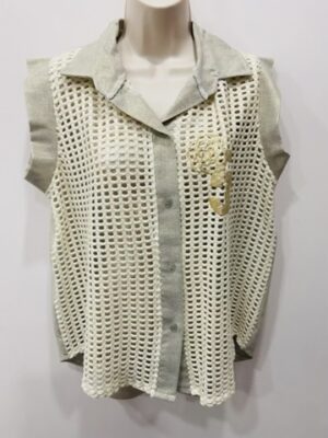 Beige Or Taupe Heavy Lace Shimmer Front Detail Cotton Mix Top