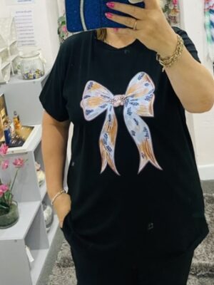Black, White, Or Cerise Pink Bow Print Cotton T-Shirt