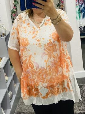 Green, Or Orange Floral Print Top With Vest