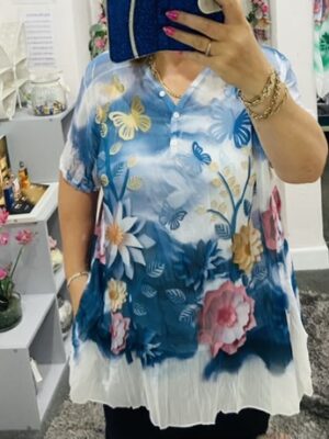 Navy, Grey, Or Green Butterfly Floral Print Top With Vest