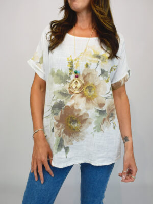 White Or Blue Floral Print Cotton Top With Necklace