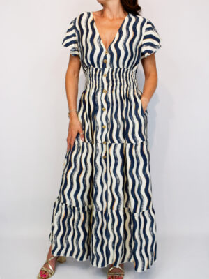 Khaki, Navy, Or Black Wave Print Maxi Dress