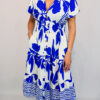 Royal Blue, Green, Or Black Bold Flower Print Midi Dress