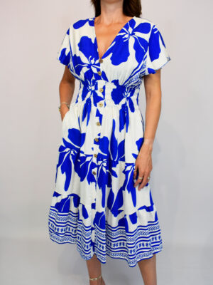 Royal Blue, Green, Or Black Bold Flower Print Midi Dress