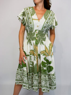Khaki, Black, Or Stone Aztec Border Leaf Print Midi Dress