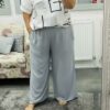 Grey Italian Shirred Waist Wide Leg Trousers With Side Pockets