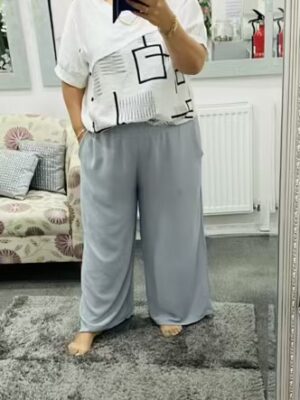 Grey Italian Shirred Waist Wide Leg Trousers With Side Pockets