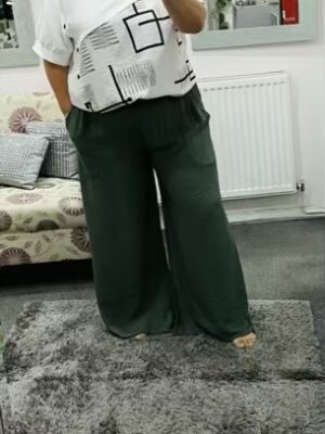 Italian Elasticated Waist Wide Leg Palazzo Trousers In Grey, Mocha, And Green