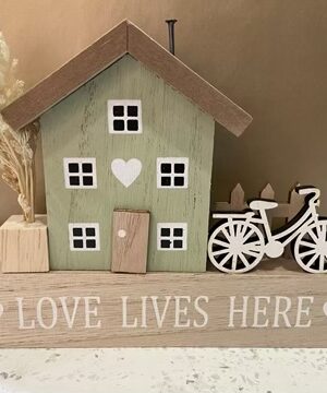 "Love Lives Here"  Wooden House With Bike Decor