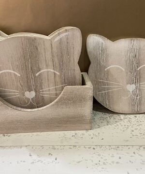 Wooden Cat Face Coasters With Wooden Box Holder