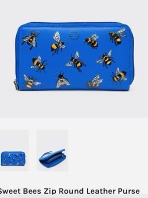Blue Sweet Bees Zip Around Purse With Wrist Strap