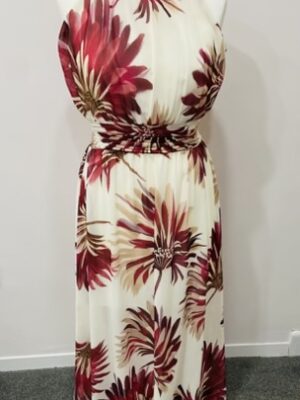 Wine, Or Green/Cream Large Floral Print Halter Neck Pleated Maxi Dress
