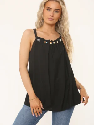 Black Or Beige Large Bead Detail Vest Top