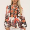Brown/Cream Floral Long Sleeve Top
