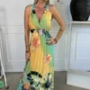 Green/Yellow  Lace Strap Detail Large Floral Print Maxi Dress