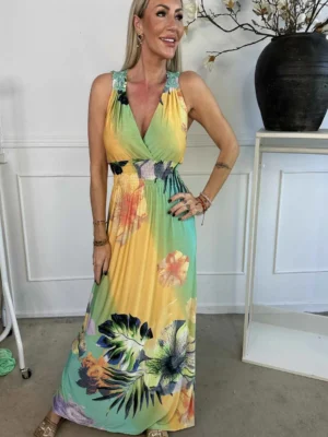 Green/Yellow  Lace Strap Detail Large Floral Print Maxi Dress