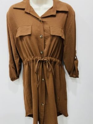 Long Tunic Tie Waist Long Button Up Sleeve Top In Various Colours