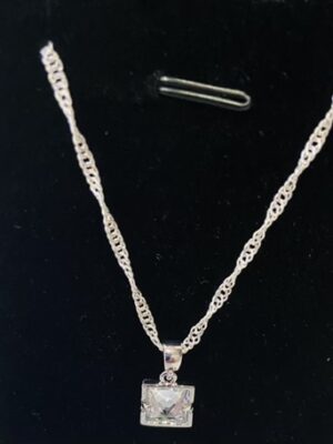 Silver Twist Chain With Diamante Square Pendant Necklace