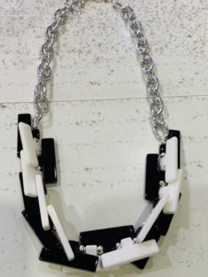 Black And White Interlinked Blocks On Silver Chain Necklace