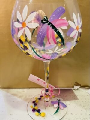 Hand Painted Dragonflies N Daises Gin Glass