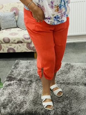 3/4 Wooden Button Detail Linen Trousers Various Colours