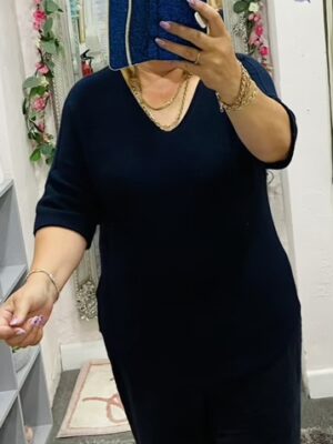 Plain Navy V Neck Jumper with 3/4 Sleeve