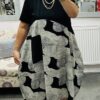 Oversized Black Printed Tunic Dress With Large Pocket Detail