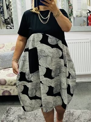 Oversized Black Printed Tunic Dress With Large Pocket Detail