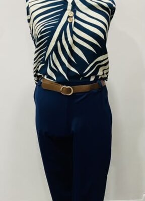 Navy, Black, Or Beige Plain Straight Belted Cotton Trousers