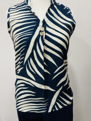 Navy Leaf Print Sleeveless Top