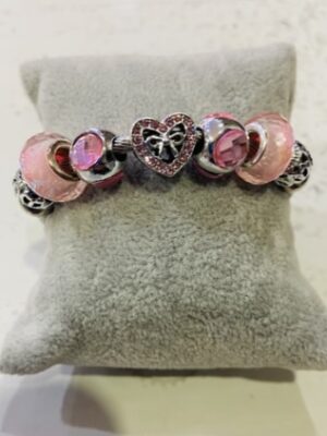 Pink Shimmer Silver Diamante Beaded Wrap Around Bangle
