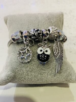 Black Owl Silver Diamante Beaded Wrap Around Bangle