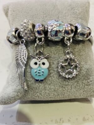 Pale Blue Owl Silver Diamante Beaded Wrap Around Bangle